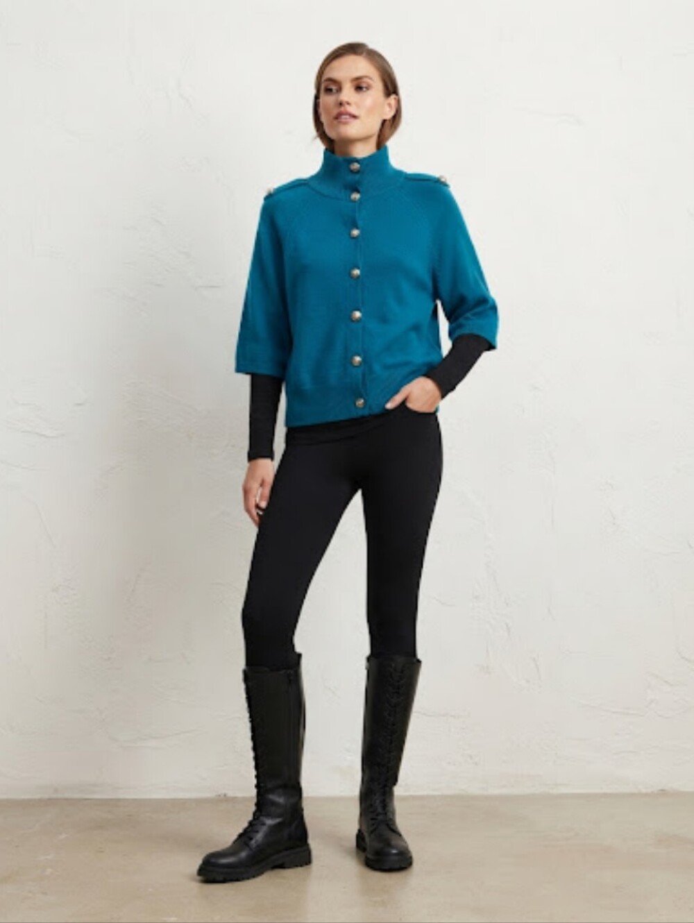 Forever 21 Teal Short Sleeve Button Mock Neck Cardigan Sweater Size Small Autumn
